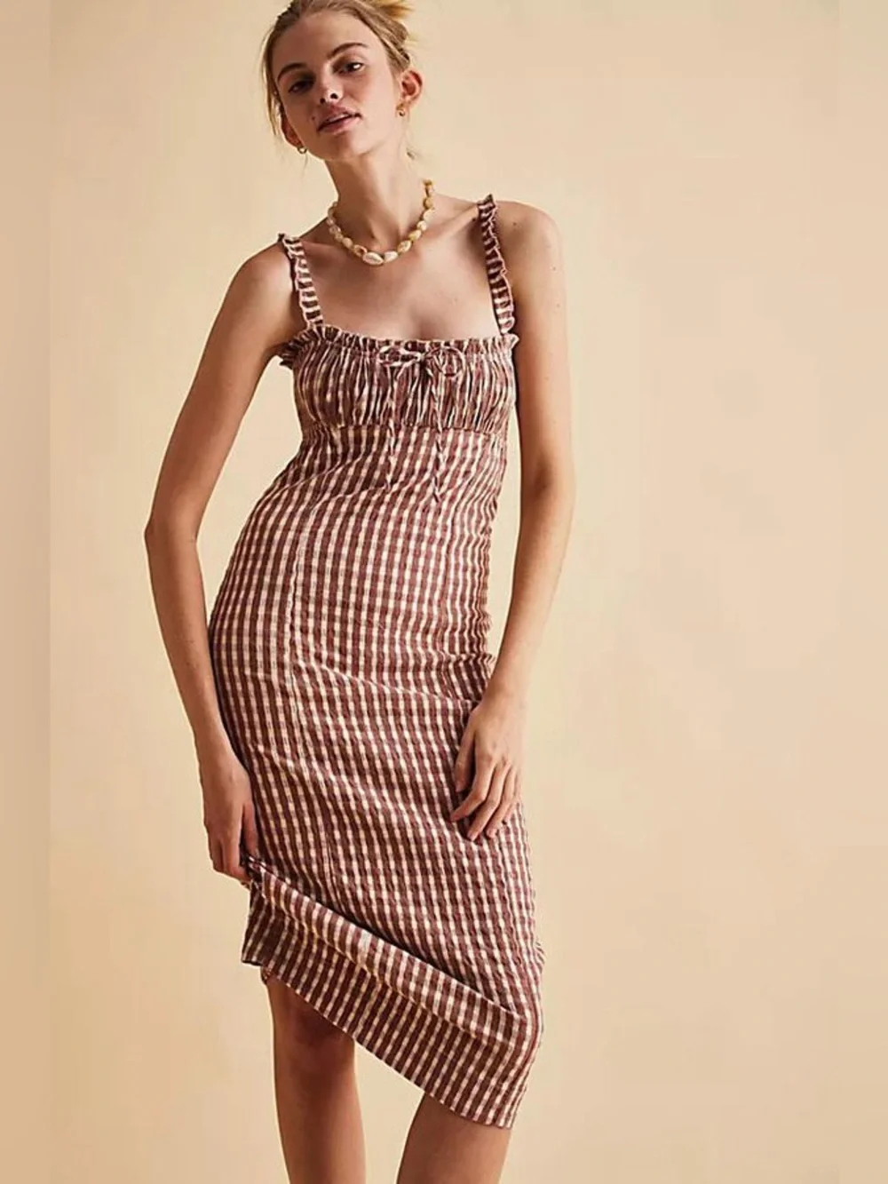 New Free People Lucinda Plaid Printed Midi Dress- Lavender Combo